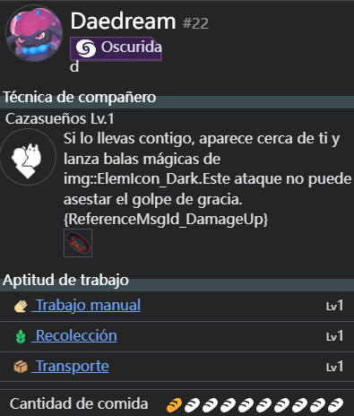 Aptitud de trabajo de Daedream en Palworld