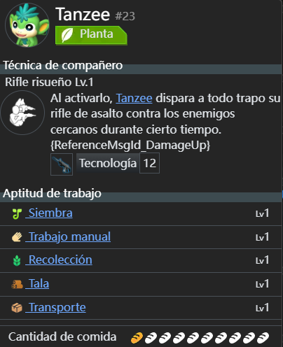 Aptitud de trabajo de Tanzee en Palworld
